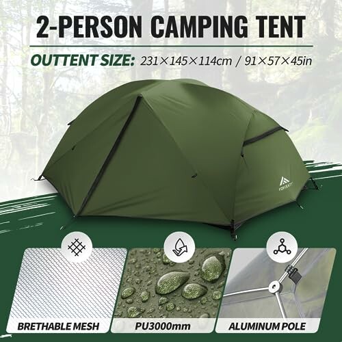 Green 2-person camping tent with dimensions and features displayed.