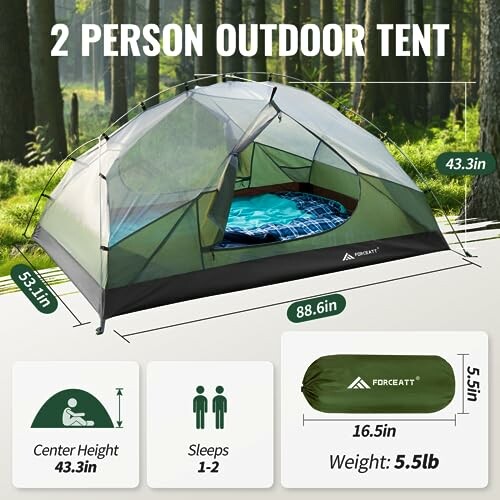 2 person outdoor tent with dimensions and features.