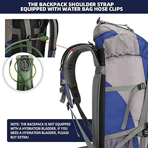 Backpack with shoulder strap water bag hose clips and note about hydration bladder.