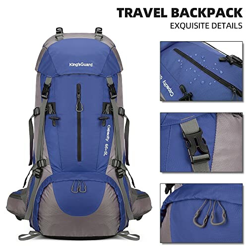 Blue travel backpack with multiple compartments and adjustable straps.