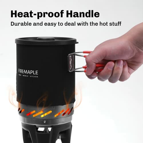 Hand holding a pot with heat-proof handle and flames below.