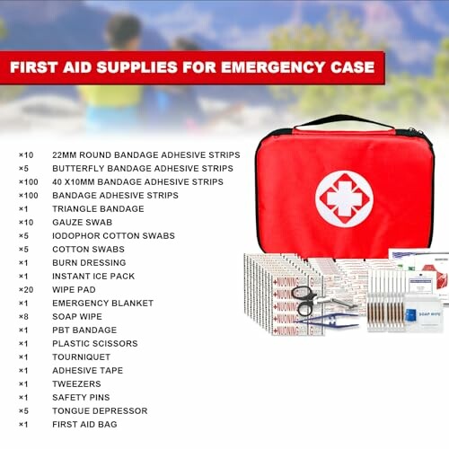 First aid supplies list with red emergency bag.