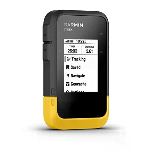 Garmin eTrex handheld GPS device with screen displaying navigation options