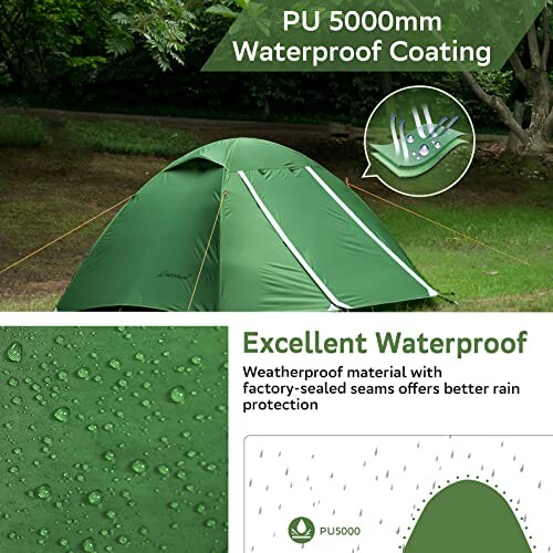 Green tent with PU 5000mm waterproof coating and rain protection features.