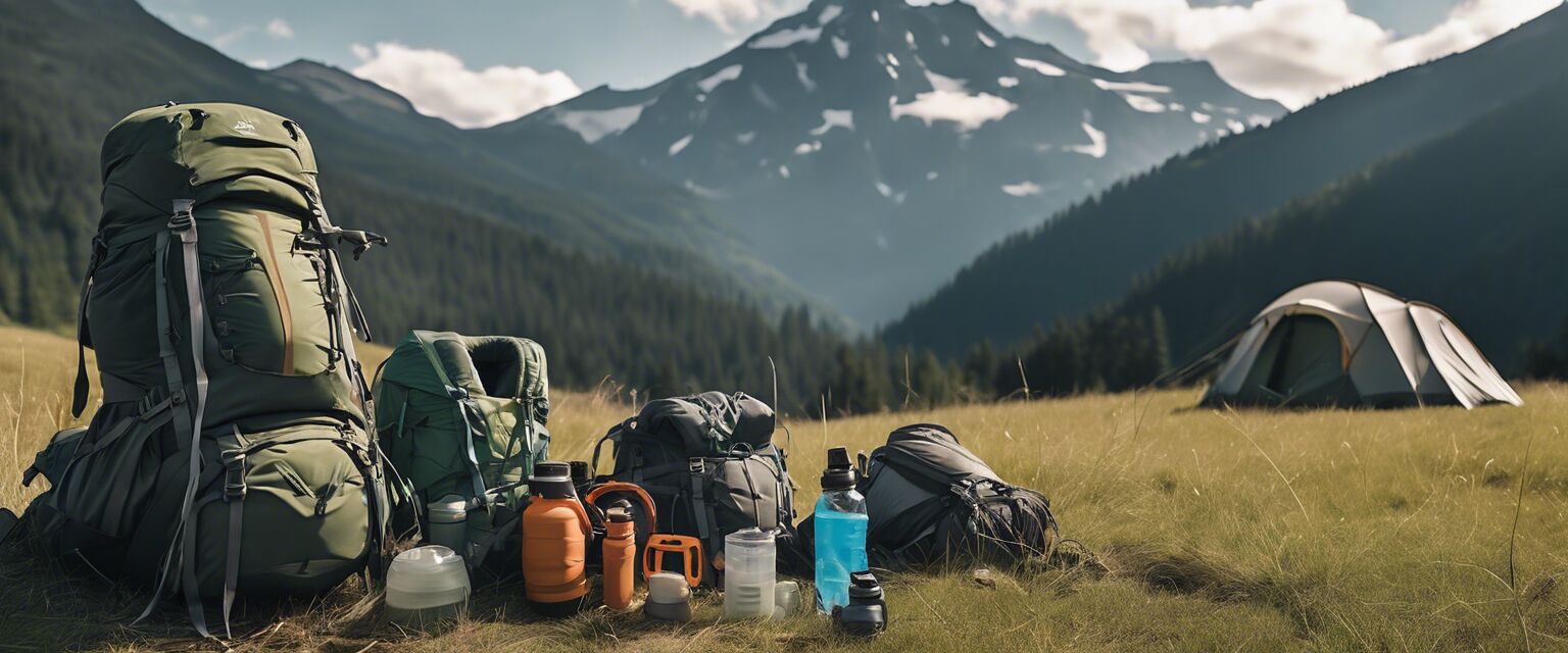 Overview of hiking supplies laid out in nature