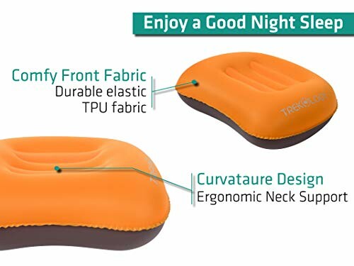 Orange inflatable pillow with ergonomic neck support and durable TPU fabric.