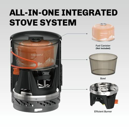 All-in-one integrated stove system with fuel canister, bowl, and efficient burner.