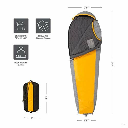 Yellow and gray lightweight sleeping bag with dimensions and weight details