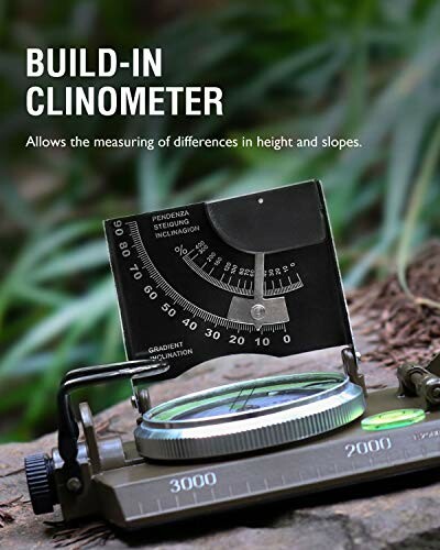 Military compass with built-in clinometer for measuring slopes.