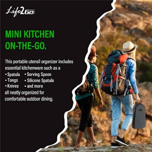 Two hikers with backpacks and portable kitchen organizer.