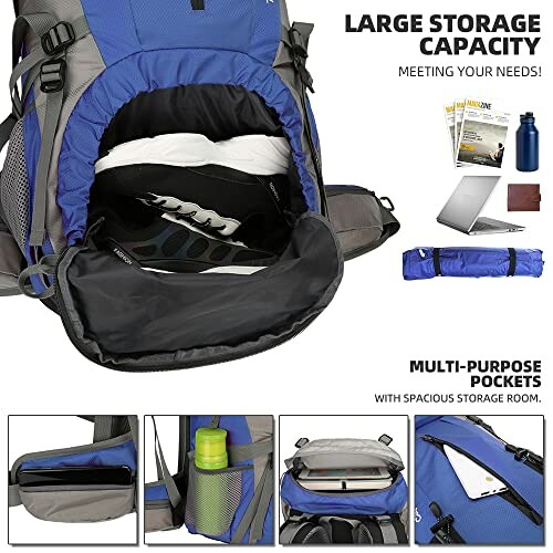 Backpack with large storage capacity showing compartments for shoes, laptop, and accessories.