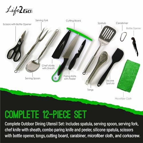 Complete 12-piece outdoor dining utensil set including various kitchen tools.