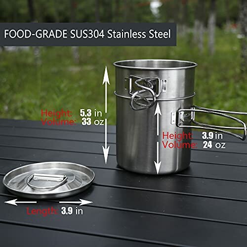 Stainless steel camping pot and lid on table with measurements and food-grade label.