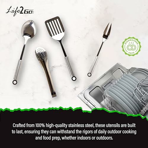 Stainless steel utensils with dishwasher-safe label on kitchen counter.