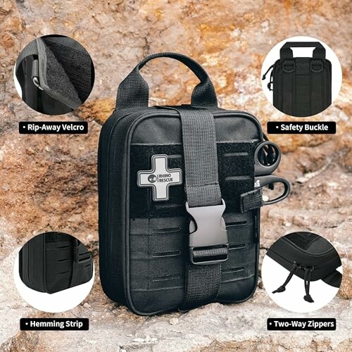 Tactical first aid kit bag with rip-away Velcro, safety buckle, hemming strip, and two-way zippers.