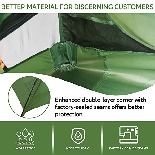 Close-up of tent material with enhanced double-layer corner and factory-sealed seams for waterproof protection.