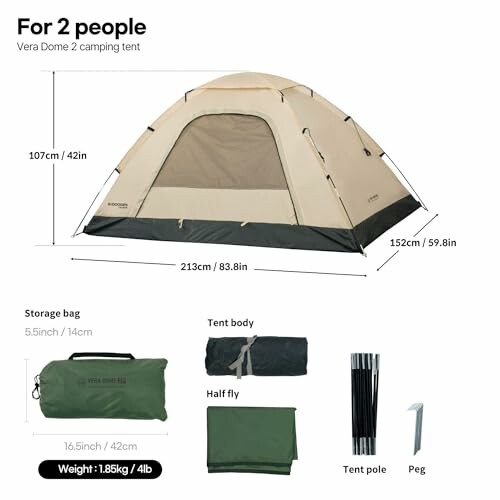 Diagram of a two-person camping tent with dimensions and included items.