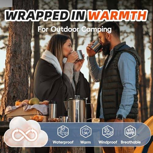 Couple enjoying hot drinks in forest, camping equipment visible.